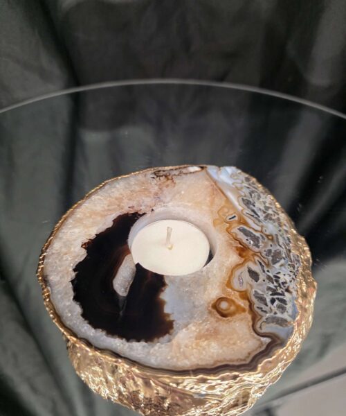 Black Agate Slice 1 Handpicked 538g H2xW13xD12cm Microcrystalline Quartz Gold Gilded 24ct Tealight Candle Holder - Image 9