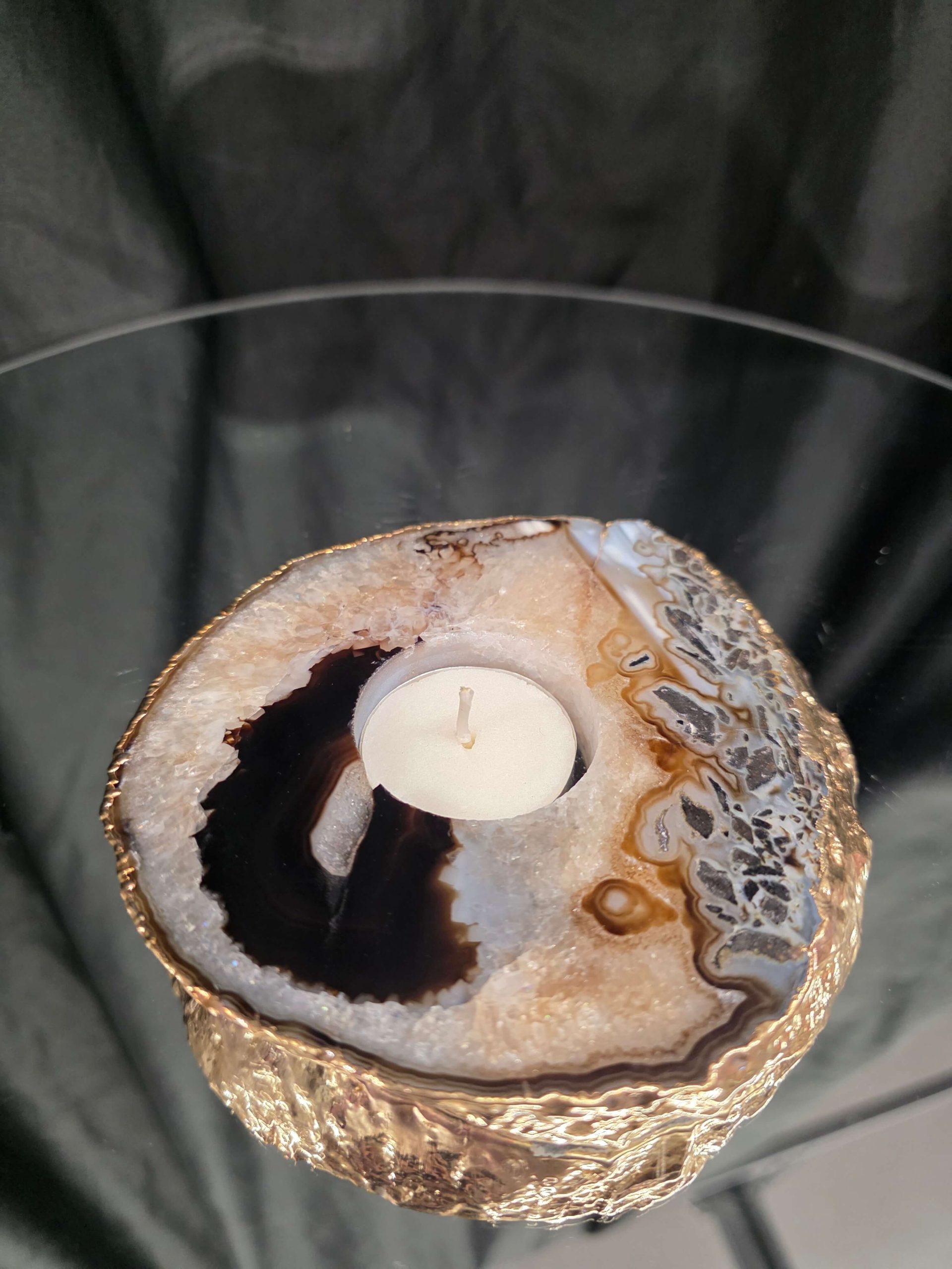 Black Agate Slice 1 Handpicked 538g H2xW13xD12cm Microcrystalline Quartz Gold Gilded 24ct Tealight Candle Holder - Image 9