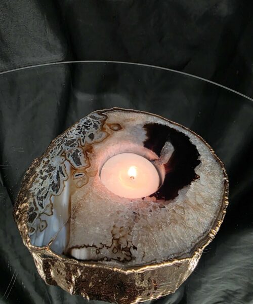 Black Agate Slice 1 Handpicked 538g H2xW13xD12cm Microcrystalline Quartz Gold Gilded 24ct Tealight Candle Holder