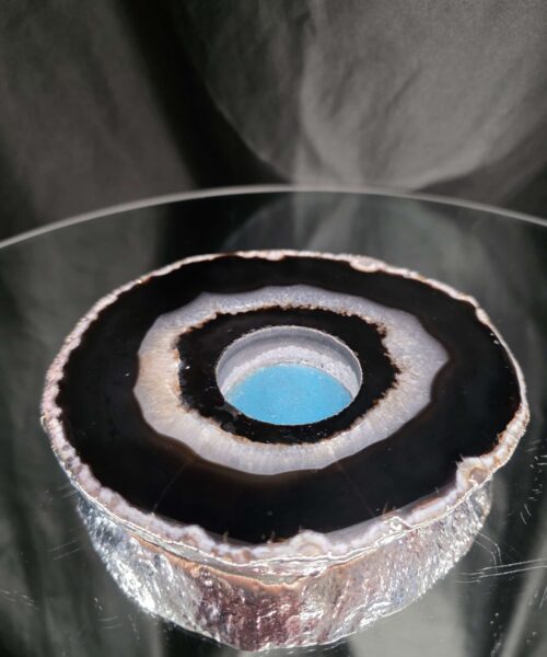 Alternative view of Large Black Agate Slice 1 Handpicked 532g H2xW14xD13cm Microcrystalline Quartz Silver Gilded Tealight Candle Holder