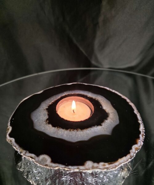 Large Black Agate Slice 1 Handpicked 532g H2xW14xD13cm Microcrystalline Quartz Silver Gilded Tealight Candle Holder - Image 11