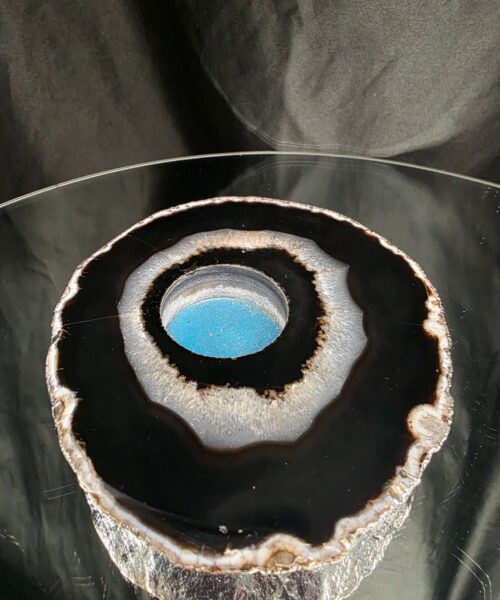 Large Black Agate Slice 1 Handpicked 532g H2xW14xD13cm Microcrystalline Quartz Silver Gilded Tealight Candle Holder