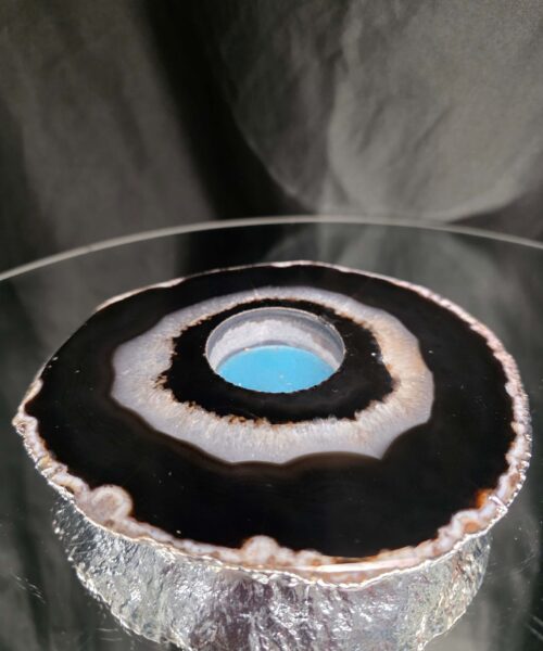 Large Black Agate Slice 1 Handpicked 532g H2xW14xD13cm Microcrystalline Quartz Silver Gilded Tealight Candle Holder - Image 4