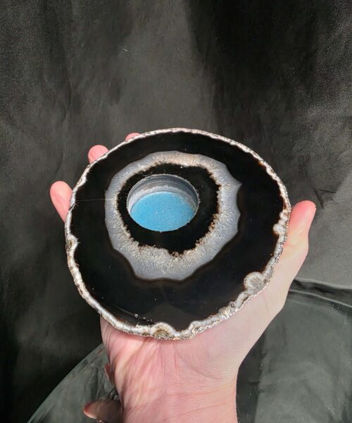 Large Black Agate Slice 1 Handpicked 532g H2xW14xD13cm Microcrystalline Quartz Silver Gilded Tealight Candle Holder - Image 6