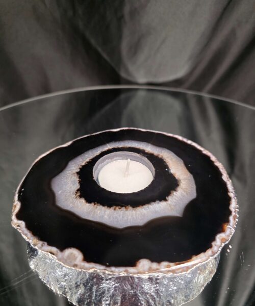 Large Black Agate Slice 1 Handpicked 532g H2xW14xD13cm Microcrystalline Quartz Silver Gilded Tealight Candle Holder - Image 8