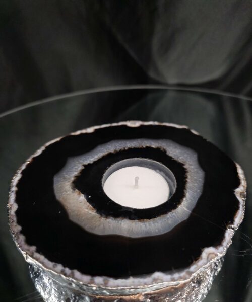Large Black Agate Slice 1 Handpicked 532g H2xW14xD13cm Microcrystalline Quartz Silver Gilded Tealight Candle Holder - Image 9