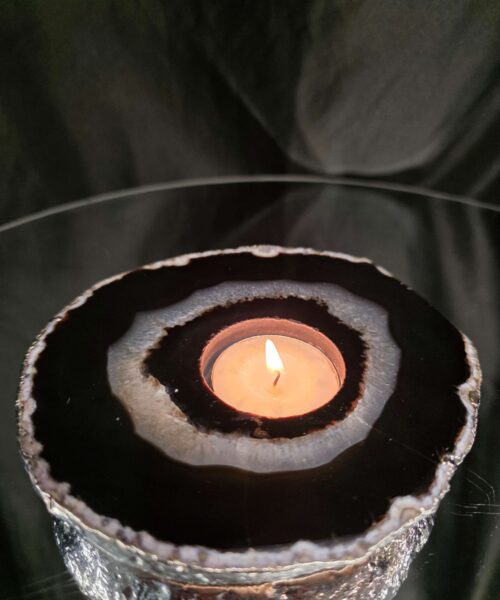 Large Black Agate Slice 1 Handpicked 532g H2xW14xD13cm Microcrystalline Quartz Silver Gilded Tealight Candle Holder - Image 10
