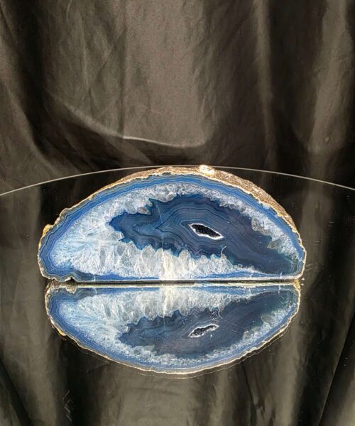 Large Blue Agate End Candle 1 Handpicked 991g H6xW14xD11.5cm Microcrystalline Quartz Gold Gilded 24ct Gold Tealight Holder
