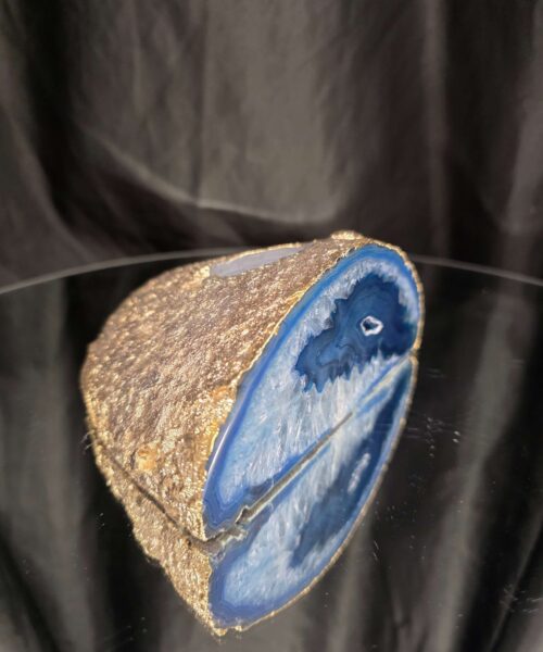 Alternative view of Large Blue Agate End Candle 1 Handpicked 991g H6xW14xD11.5cm Microcrystalline Quartz Gold Gilded 24ct Gold Tealight Holder