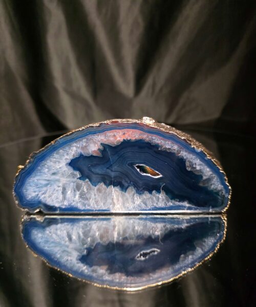 Large Blue Agate End Candle 1 Handpicked 991g H6xW14xD11.5cm Microcrystalline Quartz Gold Gilded 24ct Gold Tealight Holder - Image 8