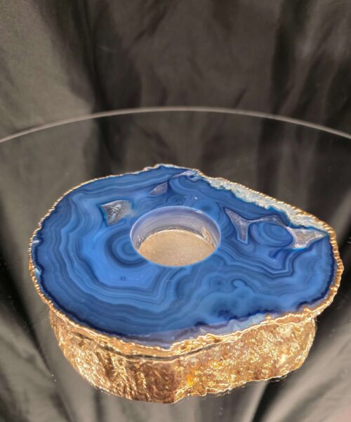 Large Blue Agate Slice 1 Handpicked 517g H2xW14xD12cm Microcrystalline Quartz Gold Gilded 24ct Tealight Candle Holder