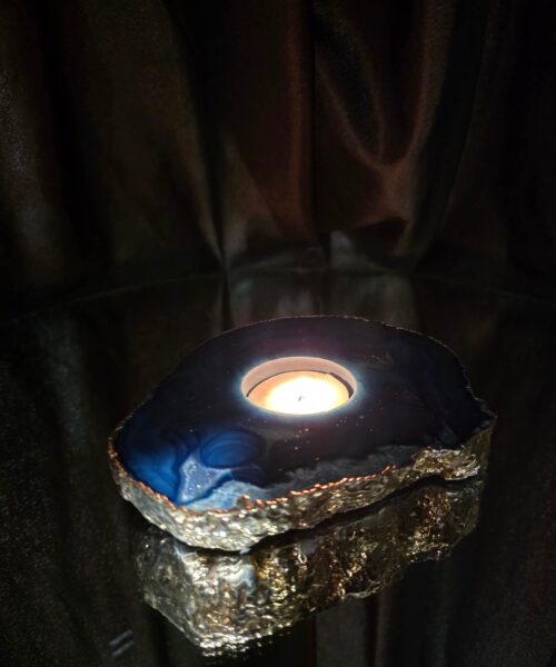 Large Blue Agate Slice 1 Handpicked 517g H2xW14xD12cm Microcrystalline Quartz Gold Gilded 24ct Tealight Candle Holder - Image 10
