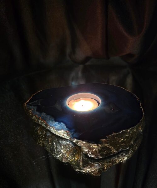 Large Blue Agate Slice 1 Handpicked 517g H2xW14xD12cm Microcrystalline Quartz Gold Gilded 24ct Tealight Candle Holder - Image 11