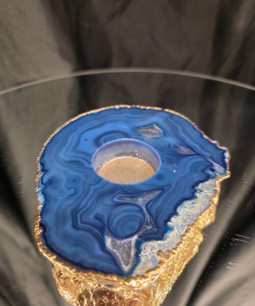 Alternative view of Large Blue Agate Slice 1 Handpicked 517g H2xW14xD12cm Microcrystalline Quartz Gold Gilded 24ct Tealight Candle Holder