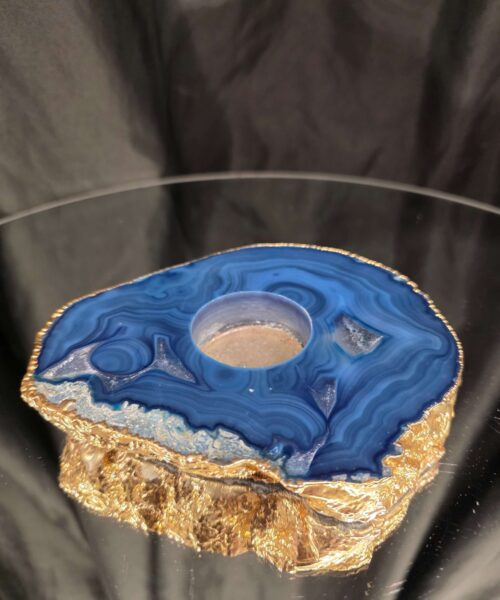 Large Blue Agate Slice 1 Handpicked 517g H2xW14xD12cm Microcrystalline Quartz Gold Gilded 24ct Tealight Candle Holder - Image 3