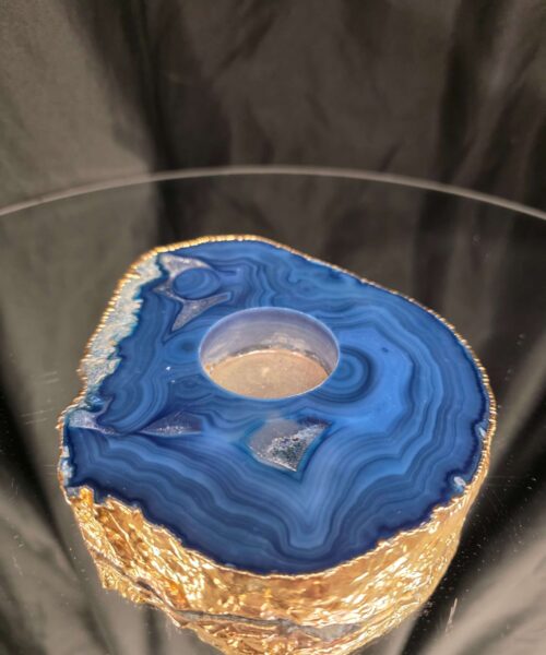 Large Blue Agate Slice 1 Handpicked 517g H2xW14xD12cm Microcrystalline Quartz Gold Gilded 24ct Tealight Candle Holder - Image 4