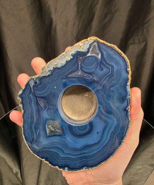 Large Blue Agate Slice 1 Handpicked 517g H2xW14xD12cm Microcrystalline Quartz Gold Gilded 24ct Tealight Candle Holder - Image 5