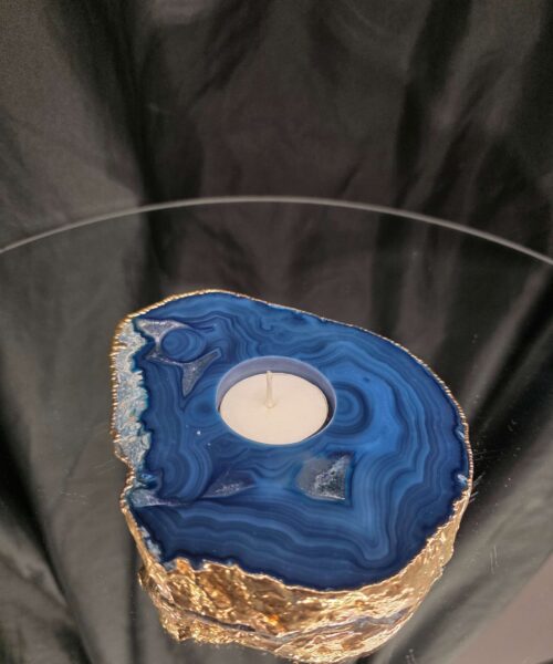 Large Blue Agate Slice 1 Handpicked 517g H2xW14xD12cm Microcrystalline Quartz Gold Gilded 24ct Tealight Candle Holder - Image 7