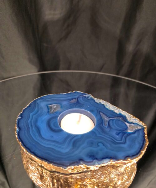 Large Blue Agate Slice 1 Handpicked 517g H2xW14xD12cm Microcrystalline Quartz Gold Gilded 24ct Tealight Candle Holder - Image 9