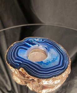 Large Blue Agate Slice 2 Handpicked 392g H2xW12xD10cm Microcrystalline Quartz Gold Gilded 24ct Tealight Candle Holder