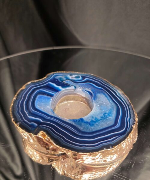 Large Blue Agate Slice 2 Handpicked 392g H2xW12xD10cm Microcrystalline Quartz Gold Gilded 24ct Tealight Candle Holder