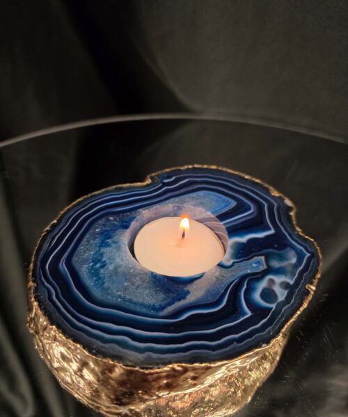 Large Blue Agate Slice 2 Handpicked 392g H2xW12xD10cm Microcrystalline Quartz Gold Gilded 24ct Tealight Candle Holder - Image 11