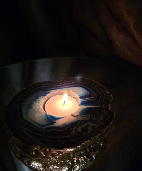 Large Blue Agate Slice 2 Handpicked 392g H2xW12xD10cm Microcrystalline Quartz Gold Gilded 24ct Tealight Candle Holder - Image 12