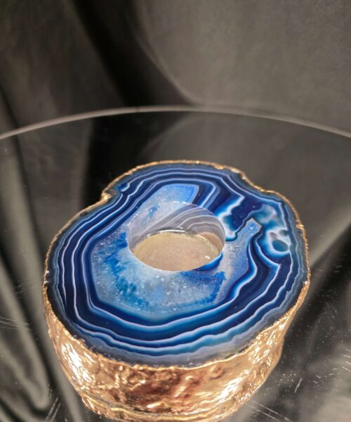 Large Blue Agate Slice 2 Handpicked 392g H2xW12xD10cm Microcrystalline Quartz Gold Gilded 24ct Tealight Candle Holder - Image 3