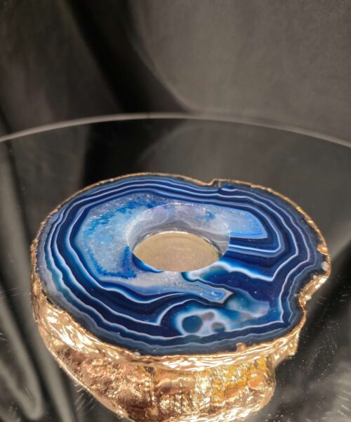 Large Blue Agate Slice 2 Handpicked 392g H2xW12xD10cm Microcrystalline Quartz Gold Gilded 24ct Tealight Candle Holder - Image 4