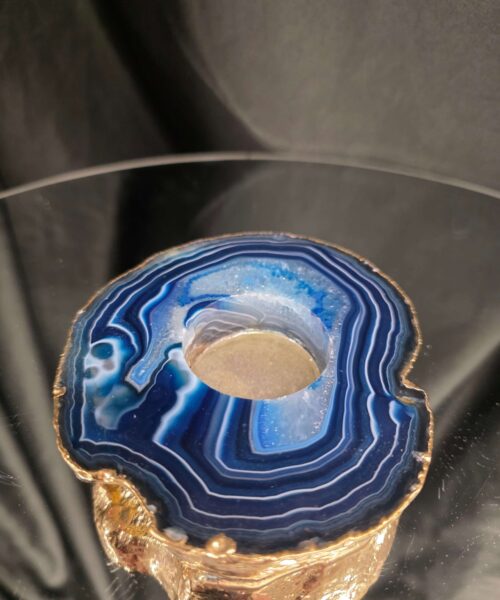 Large Blue Agate Slice 2 Handpicked 392g H2xW12xD10cm Microcrystalline Quartz Gold Gilded 24ct Tealight Candle Holder - Image 5