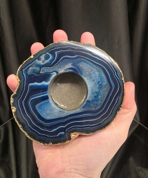 Large Blue Agate Slice 2 Handpicked 392g H2xW12xD10cm Microcrystalline Quartz Gold Gilded 24ct Tealight Candle Holder - Image 6