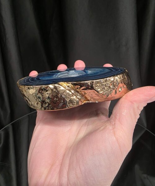 Large Blue Agate Slice 2 Handpicked 392g H2xW12xD10cm Microcrystalline Quartz Gold Gilded 24ct Tealight Candle Holder - Image 7