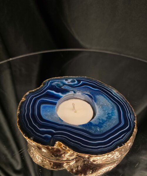 Large Blue Agate Slice 2 Handpicked 392g H2xW12xD10cm Microcrystalline Quartz Gold Gilded 24ct Tealight Candle Holder - Image 8