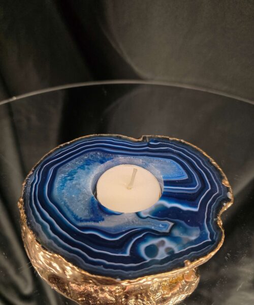 Large Blue Agate Slice 2 Handpicked 392g H2xW12xD10cm Microcrystalline Quartz Gold Gilded 24ct Tealight Candle Holder - Image 9