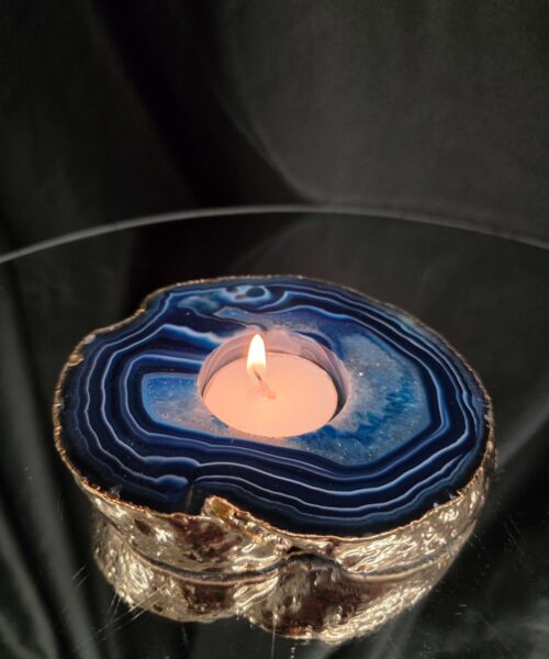Large Blue Agate Slice 2 Handpicked 392g H2xW12xD10cm Microcrystalline Quartz Gold Gilded 24ct Tealight Candle Holder - Image 10