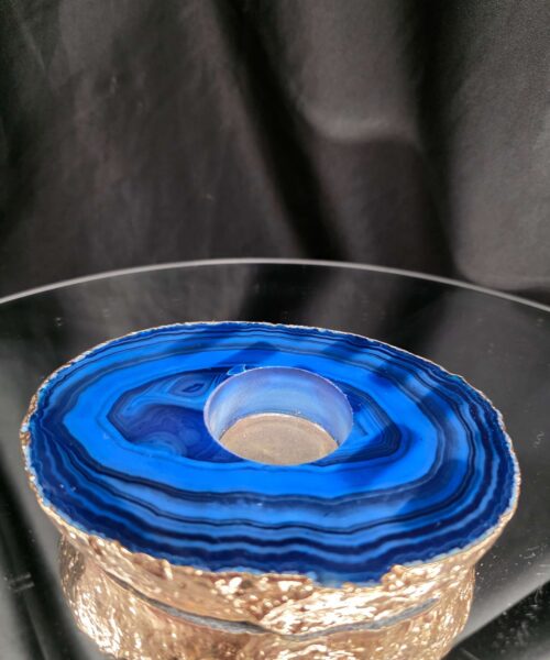 Large Blue Agate Slice 3 Handpicked 539g H2.5xW14xD10cm Microcrystalline Quartz Gold Gilded 24ct Tealight Candle Holder