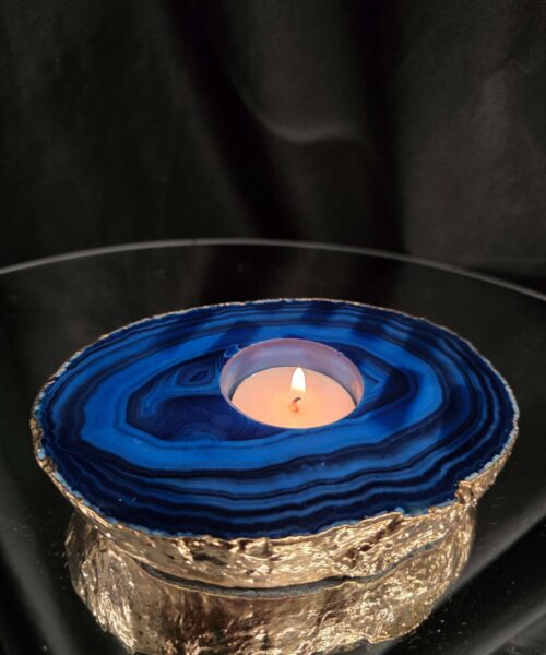 Large Blue Agate Slice 3 Handpicked 539g H2.5xW14xD10cm Microcrystalline Quartz Gold Gilded 24ct Tealight Candle Holder - Image 11