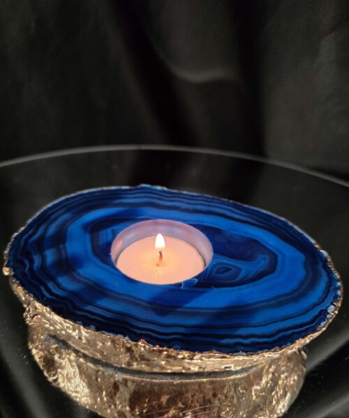 Large Blue Agate Slice 3 Handpicked 539g H2.5xW14xD10cm Microcrystalline Quartz Gold Gilded 24ct Tealight Candle Holder - Image 12
