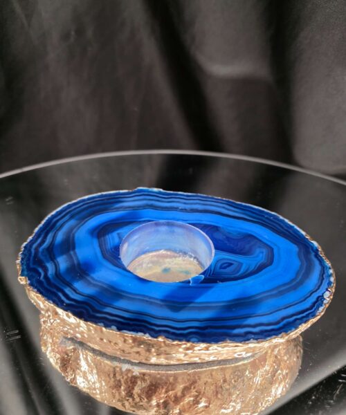 Large Blue Agate Slice 3 Handpicked 539g H2.5xW14xD10cm Microcrystalline Quartz Gold Gilded 24ct Tealight Candle Holder - Image 4