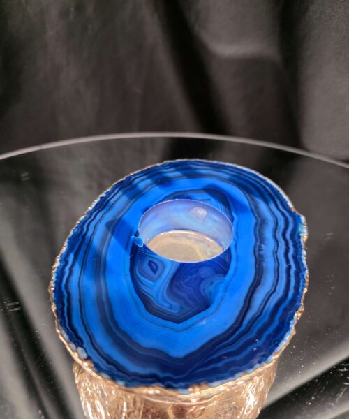 Large Blue Agate Slice 3 Handpicked 539g H2.5xW14xD10cm Microcrystalline Quartz Gold Gilded 24ct Tealight Candle Holder - Image 5