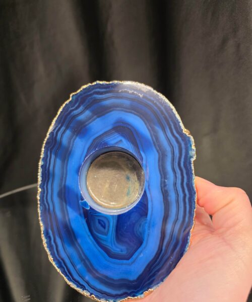 Large Blue Agate Slice 3 Handpicked 539g H2.5xW14xD10cm Microcrystalline Quartz Gold Gilded 24ct Tealight Candle Holder - Image 6
