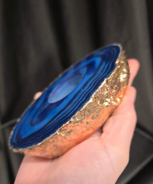 Large Blue Agate Slice 3 Handpicked 539g H2.5xW14xD10cm Microcrystalline Quartz Gold Gilded 24ct Tealight Candle Holder - Image 7