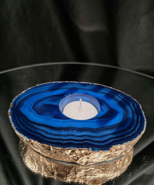 Large Blue Agate Slice 3 Handpicked 539g H2.5xW14xD10cm Microcrystalline Quartz Gold Gilded 24ct Tealight Candle Holder - Image 8