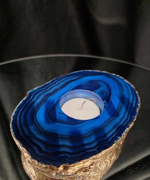 Large Blue Agate Slice 3 Handpicked 539g H2.5xW14xD10cm Microcrystalline Quartz Gold Gilded 24ct Tealight Candle Holder - Image 9