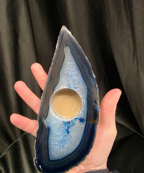 Large Blue Agate Slice 1 Handpicked 461g H2xW19xD8cm Microcrystalline Quartz Tealight Candle Holder Ornament - Image 5