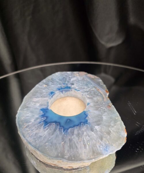 Large Blue Agate Slice 2 Handpicked 392g H2xW13xD10cm Microcrystalline Quartz Tealight Candle Holder Ornament - Image 5