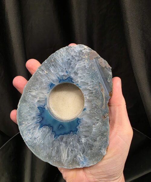 Large Blue Agate Slice 2 Handpicked 392g H2xW13xD10cm Microcrystalline Quartz Tealight Candle Holder Ornament - Image 6