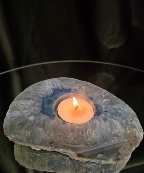 Large Blue Agate Slice 2 Handpicked 392g H2xW13xD10cm Microcrystalline Quartz Tealight Candle Holder Ornament - Image 10