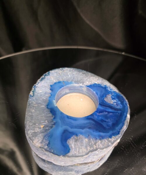 Large Blue Agate Slice 3 Handpicked 385g H2.5xW10xD10cm Microcrystalline Quartz Tealight Candle Holder Ornament - Image 3