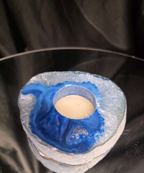 Large Blue Agate Slice 3 Handpicked 385g H2.5xW10xD10cm Microcrystalline Quartz Tealight Candle Holder Ornament - Image 4
